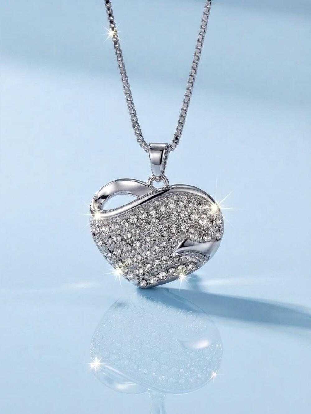 Swarovski Crystal Pavé 3D Sculptural Heart Statement Pendant Necklace Silver